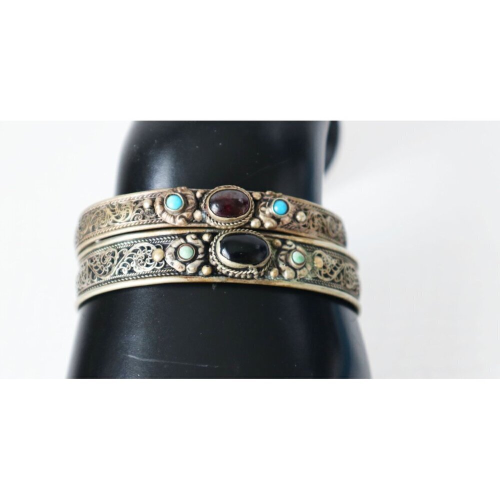 2 Vintage Tribal Silver Filigree Cuff Bracelets Black Onyx & Turquoise